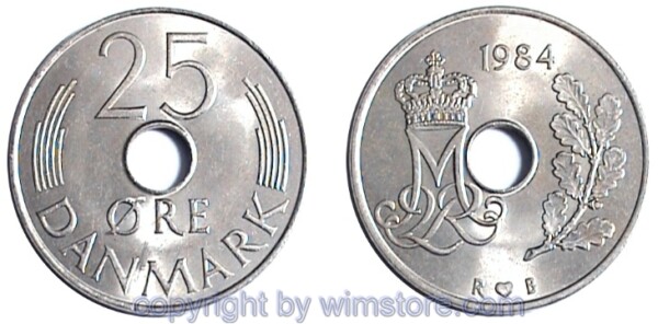Dänemark, 25 Öre 1982 - 1988 R-B, KM 861.3, Ku/Ni