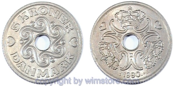 Dänemark, 5 Kroner 1990 - 2001 LG-JP, A, KM 869.1, Ku/Ni