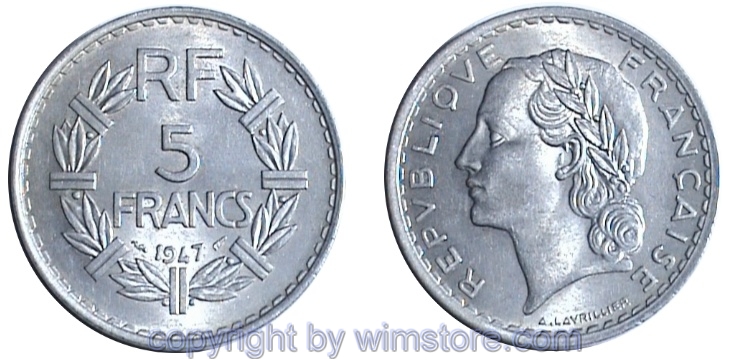 Frankreich, 5 Francs 1945 - 1952, KM 888b, Aluminium