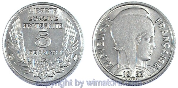Frankreich, 5 Francs 1933, KM 887, Nickel