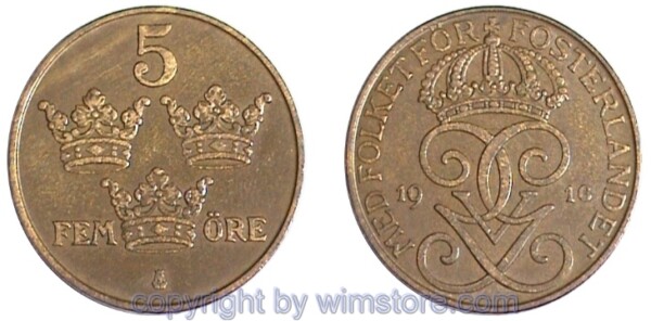 Schweden, 5 Öre 1909 - 1950, KM 779.2, Bronze