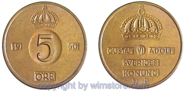 Schweden, 5 Öre 1952 - 1971, KM 822, Bronze