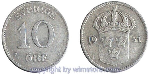 Schweden, 10 Öre 1909 - 1942, KM 780, Billon