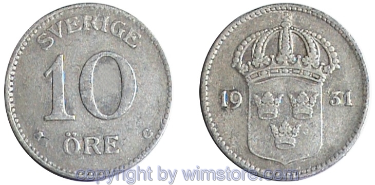 Schweden, 10 Öre 1909 - 1942, KM 780, Billon