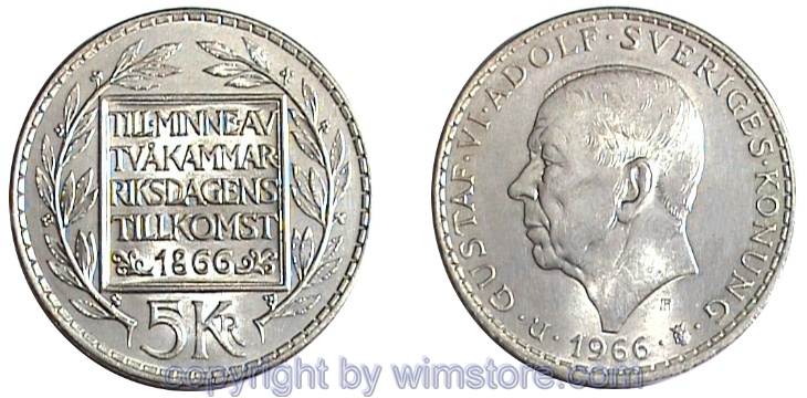 Schweden, 5 Kronor 1966, Verfassungsreform, KM 839, Billon