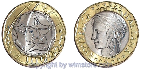 Italien, 1000 Lire 1997, geteiltes Deutschland, KM 190, Bi-Metall