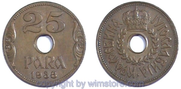 Jugoslawien, 25 Para 1938, KM 17, Bronze