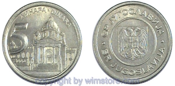 Jugoslawien, 5 Dinara 2000, 2002, KM 182, Ku/Ni/Zink