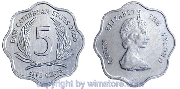 Ostkaribische Staaten, 5 Cents 1981 - 2000, KM 12, Aluminium