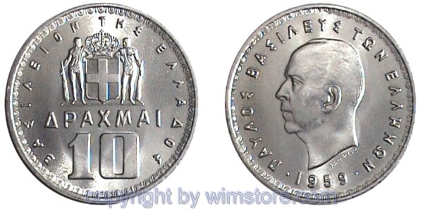 Griechenland, 10 Drachmen 1959, 1965, KM 84, Nickel