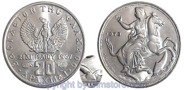Griechenland, 20 Drachmen 1973, KM 111.3, Ku/Ni