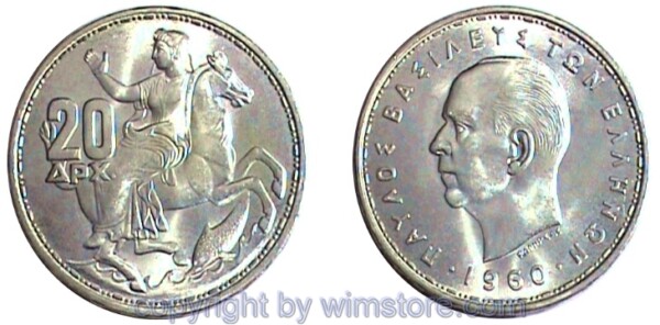 Griechenland, 20 Drachmen 1960, 1965, KM 85, Silber