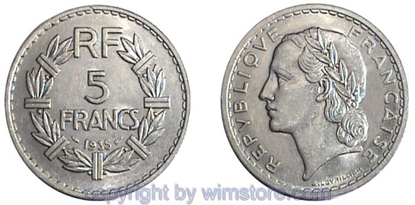 Frankreich, 5 Francs 1933 - 1939, KM 888, Nickel