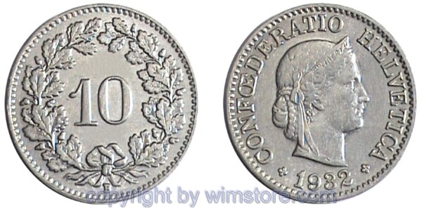 Schweiz, 10 Rappen 1932 - 1939, KM 27b, Nickel