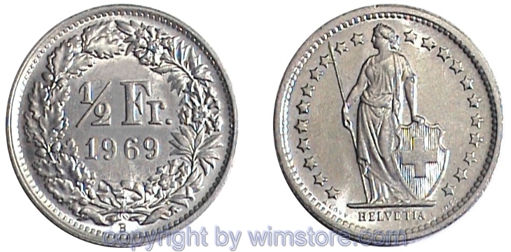 Schweiz, 1/2 Franken 1968 - 1981, KM 23a.1, Ku/Ni