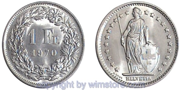 Schweiz, 1 Franken 1968 - 1981, KM 24a.1, Ku/Ni