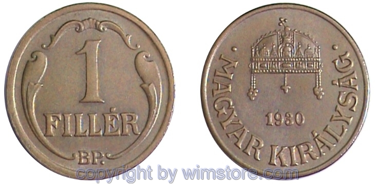 Ungarn, 1 Filler 1926 - 1939, KM 505, Bronze