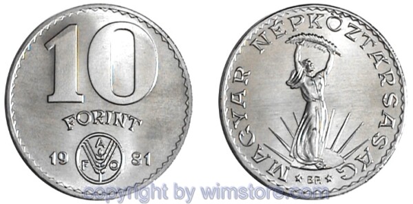 Ungarn, 10 Forint 1981, FAO, KM 620, Nickel