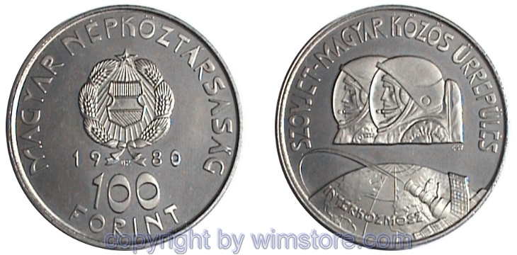 Ungarn, 100 Forint 1980, Raumflug, KM 617, Nickel