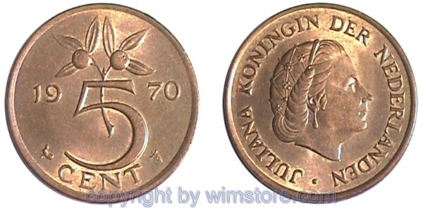 Niederlande, 5 Cents 1950 - 1980, KM 181, Bronze