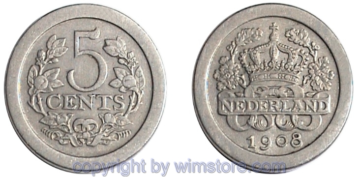 Niederlande, 5 Cents 1907 - 1909, KM 137, Ku/Ni