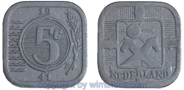 Niederlande, 5 Cents 1941 - 1943, KM 172, Zink