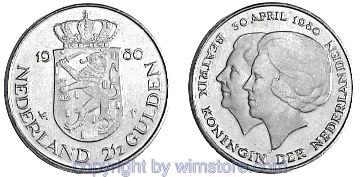 Niederlande, 2 1/2 Gulden 1980, Thronbesteigung, KM 201, Nickel