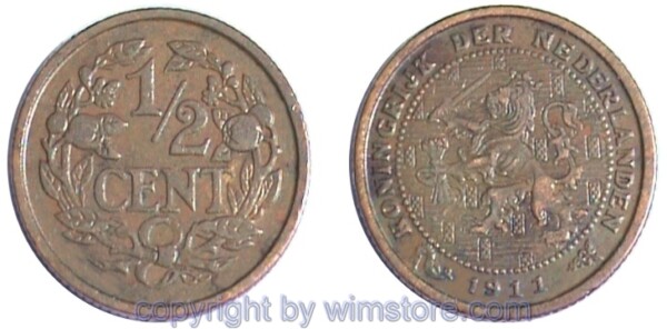 Niederlande, 1/2 Cent 1909 - 1940, KM 138, Bronze