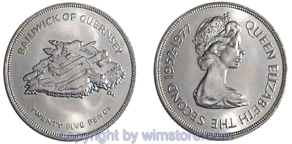 Guernsey, 25 Pence 1977, Silberjubiläum, KM 31, Ku/Ni