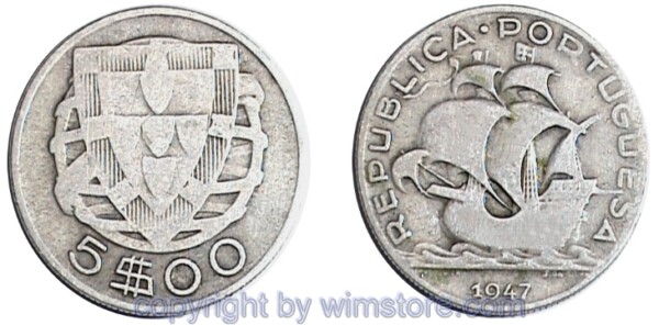 Portugal, 5 Escudos 1932 - 1951, KM 581, Silber