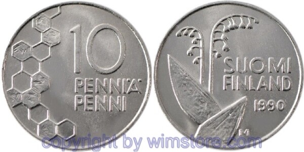 Finnland, 10 Penniä 1990 - 2001, KM 65, Ku/Ni