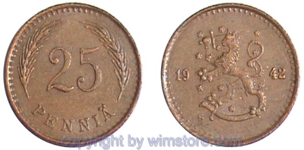 finnland, 25 penniä 1940 1943, km 25a, kupfer