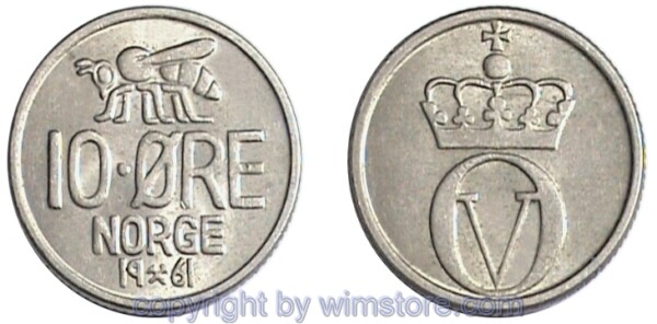 Norwegen, 10 Öre 1959 - 1973, KM 411, Ku/Ni