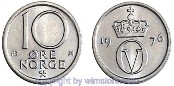 Norwegen, 10 Öre 1974 - 1991, KM 416, Ku/Ni