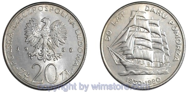 Polen, 20 Zlotych 1980, 50 Jahre Segelschulschiff 'Pomorza', Y 112, Ku/Ni