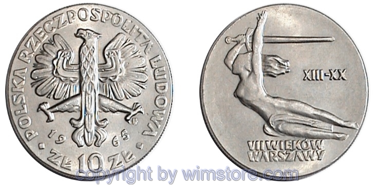 Polen, 10 Zlotych 1965, Warschau-Nike, Y 54, Ku/Ni