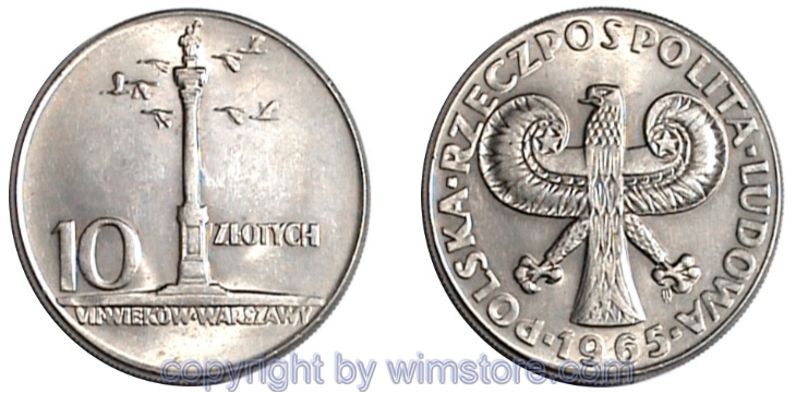 Polen, 10 Zlotych 1965, Warschau-Säule, Y 55, Ku/Ni