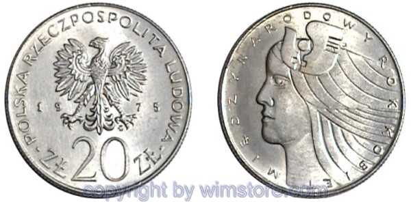 Polen, 20 Zlotych 1975, Frauenjahr, Y 75, Ku/Ni
