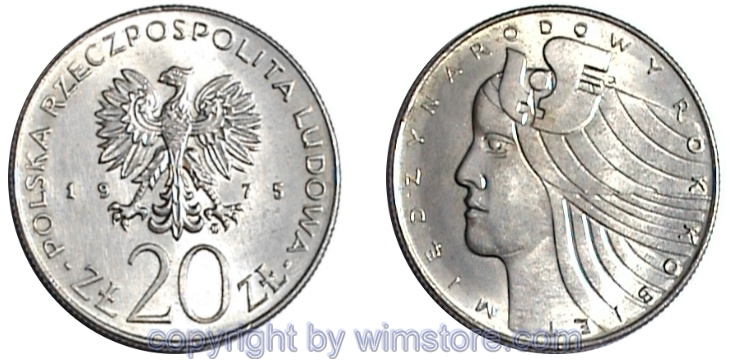 Polen, 20 Zlotych 1975, Frauenjahr, Y 75, Ku/Ni