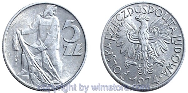 Polen, 5 Zlotych 1958 - 1974, Y 47, Aluminium