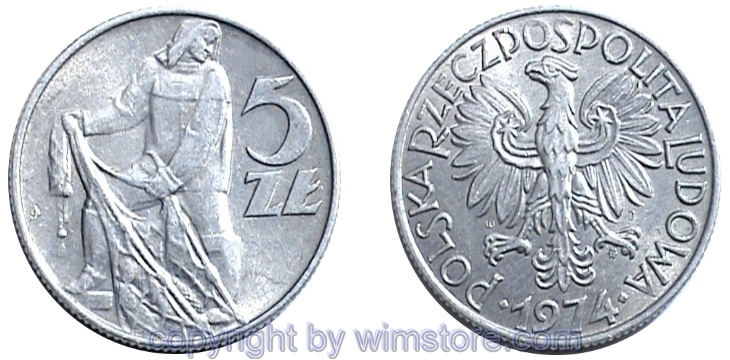 Polen, 5 Zlotych 1958 - 1974, Y 47, Aluminium