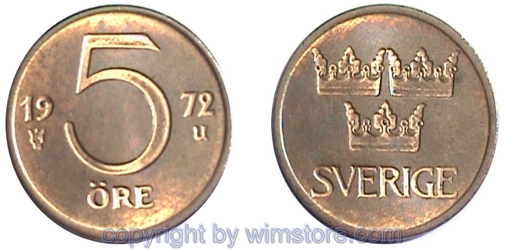 Schweden, 5 Öre 1972 - 1973, KM 845, Bronze