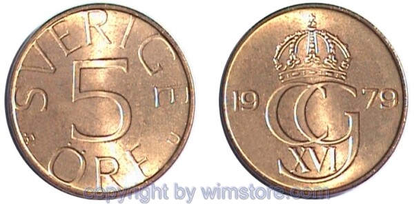 sm14186 Schweden, 5 Öre 1976 - 1984, KM 849, Bronze