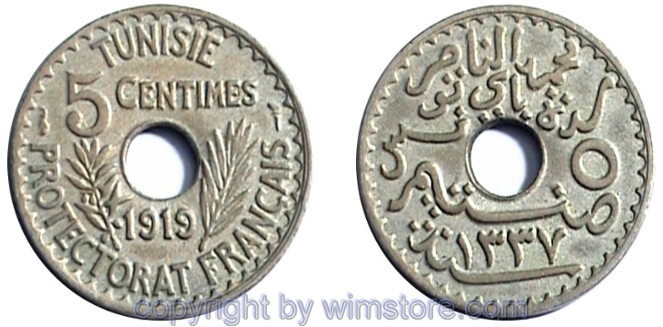 Tunesien, 5 Centimes 1918 - 1920, KM 242, Ni-Bro