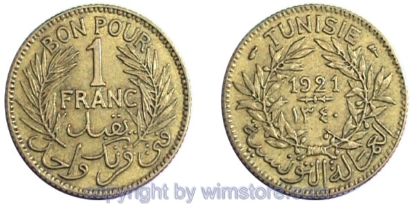 Tunesien, 1 Franc 1921 - 1945, KM 247, Alu/Bro