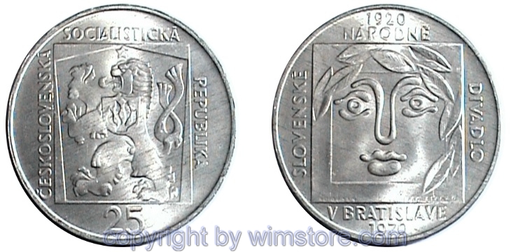Tschechoslowakei, 25 Korun 1970, Slowakisches Nationaltheater, KM 68, Silber