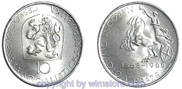Tschechoslowakei, 10 Korun 1968, Nationaltheater Prag, KM 63, Silber