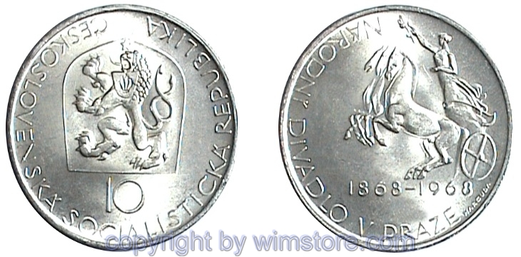 Tschechoslowakei, 10 Korun 1968, Nationaltheater Prag, KM 63, Silber