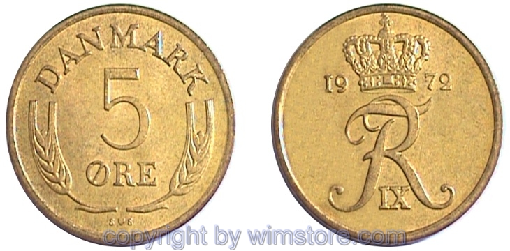 Dänemark, 5 Öre 1972 S-S, KM 848.2, Bronze