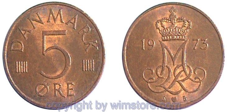 Dänemark, 5 Öre 1973 - 1978 S-B, KM 859.1, Stahl-Ku plattiert